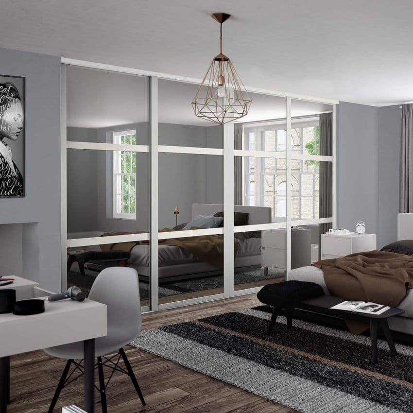 4 Door and track kit: 4 x 762mm Shaker 3 panel White frame mirror doors for an opening width 2898mm