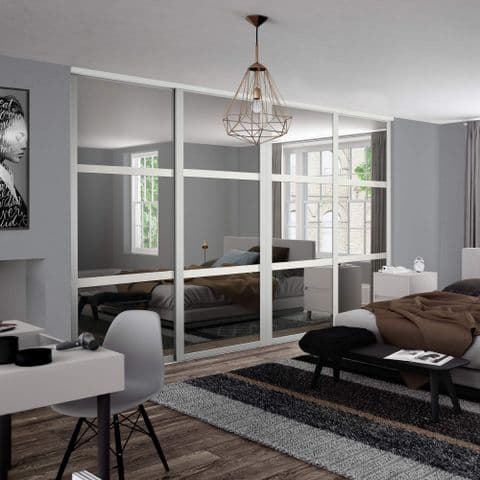 4 Door and track kit: 4 x 914mm Shaker 3 panel White frame mirror doors for an opening width 3506mm