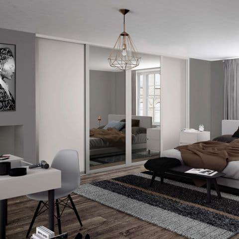 4 Doors and track-2x 762mm Shaker Cashmere frame and panel/ 2x mirror, for an opening width 2898mm
