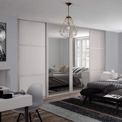 4 Doors and track-2x 914mm Shaker, 3 panel Cashmere frame 2x mirror, for an opening width 3506mm