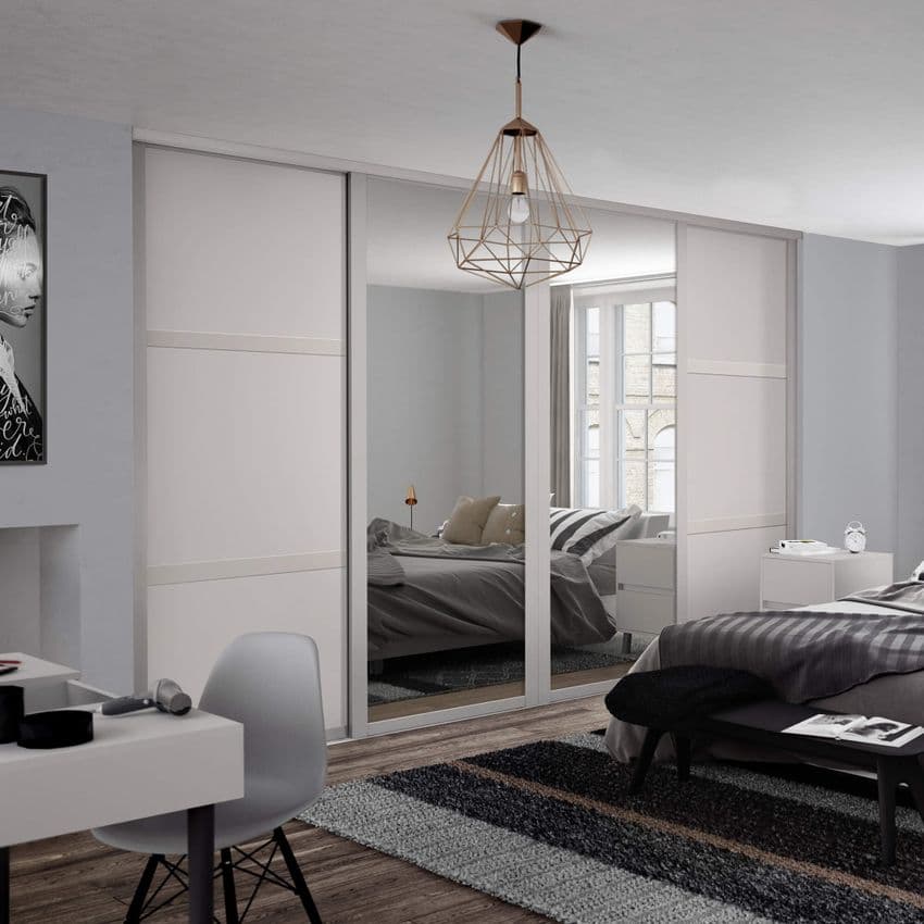 4 Doors and track-2x 914mm Shaker, 3 panel Cashmere frame 2x mirror, for an opening width 3506mm