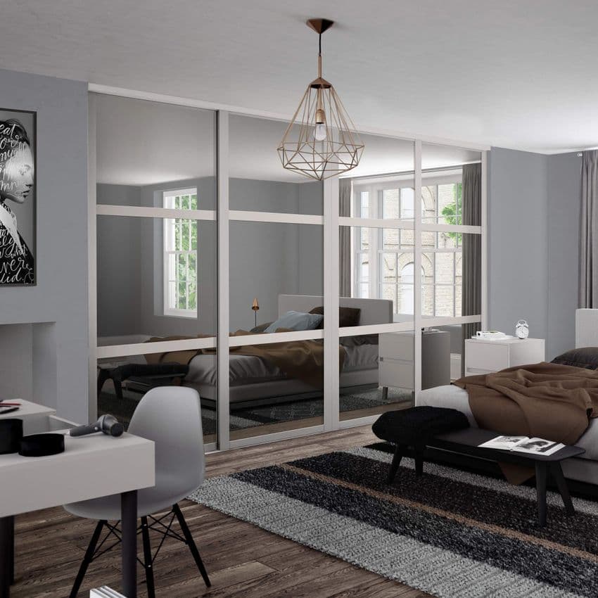 4 Doors and track: 4 x 762mm Shaker 3 panel Cashmere frame mirror doors for an opening width 2898mm