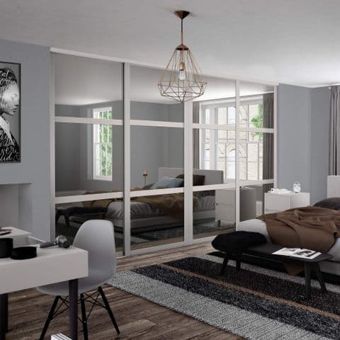 4 Doors and track: 4 x 914mm Shaker 3 panel Cashmere frame mirror doors for an opening width 3506mm