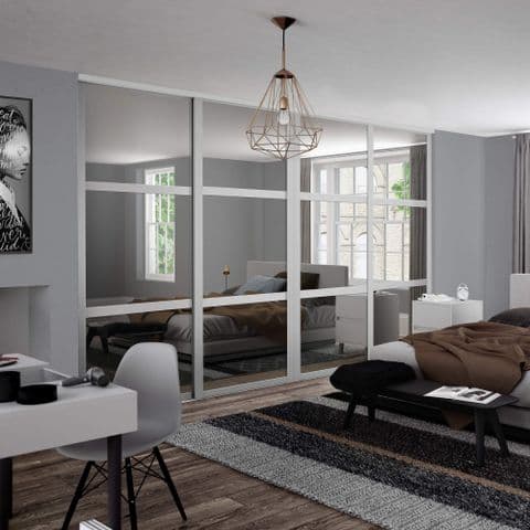 4 Doors and track: 4x610mm Shaker 3 panel Light Grey frame mirror doors for an opening width 2290mm