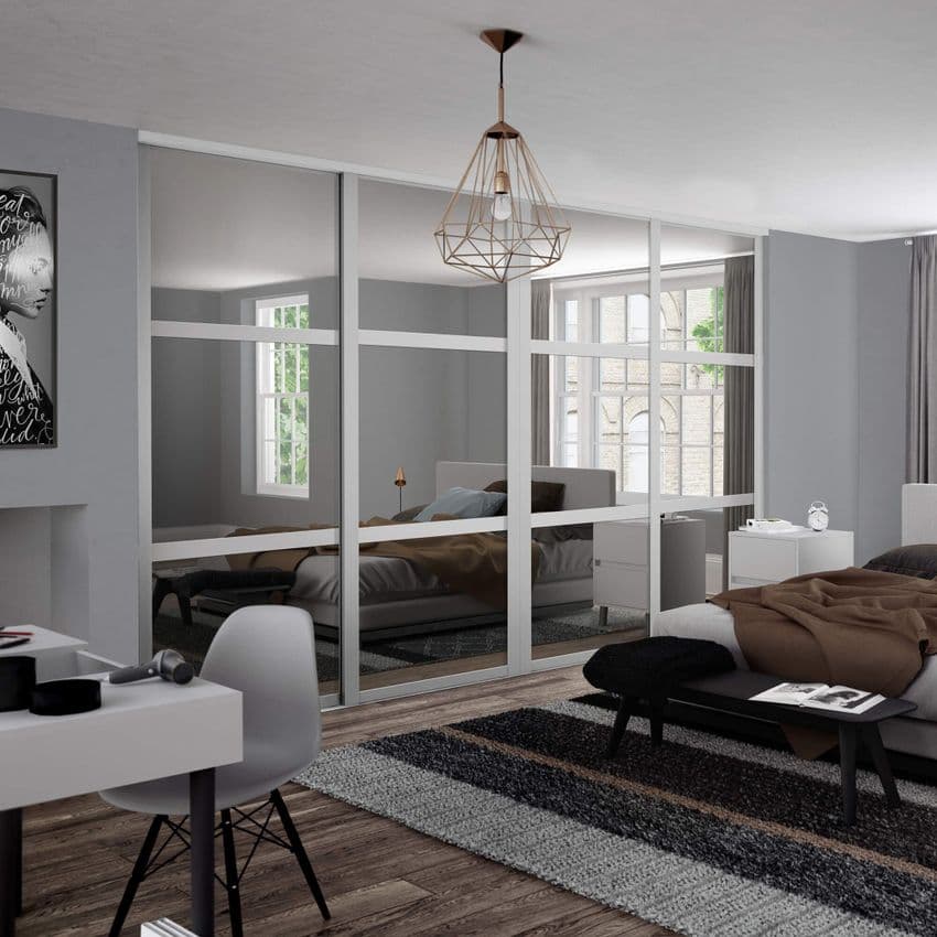 4 Doors and track: 4x610mm Shaker 3 panel Light Grey frame mirror doors for an opening width 2290mm