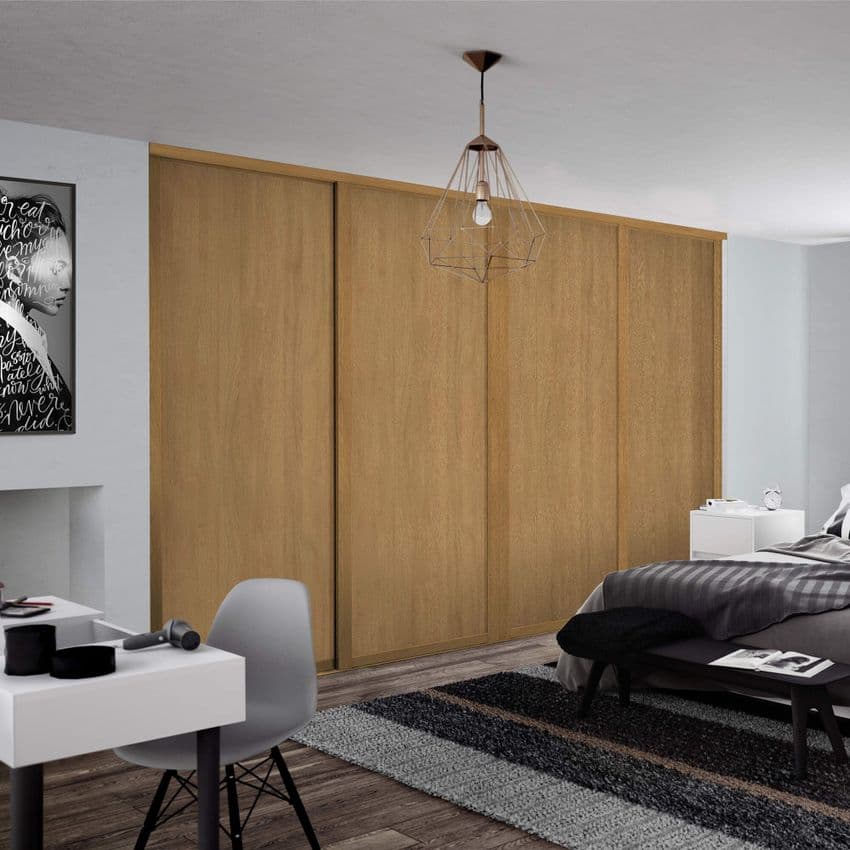 4 x 610mm Spacepro Shaker Oak frame and  Panel Sliding Doors to fit an opening width of 2290mm