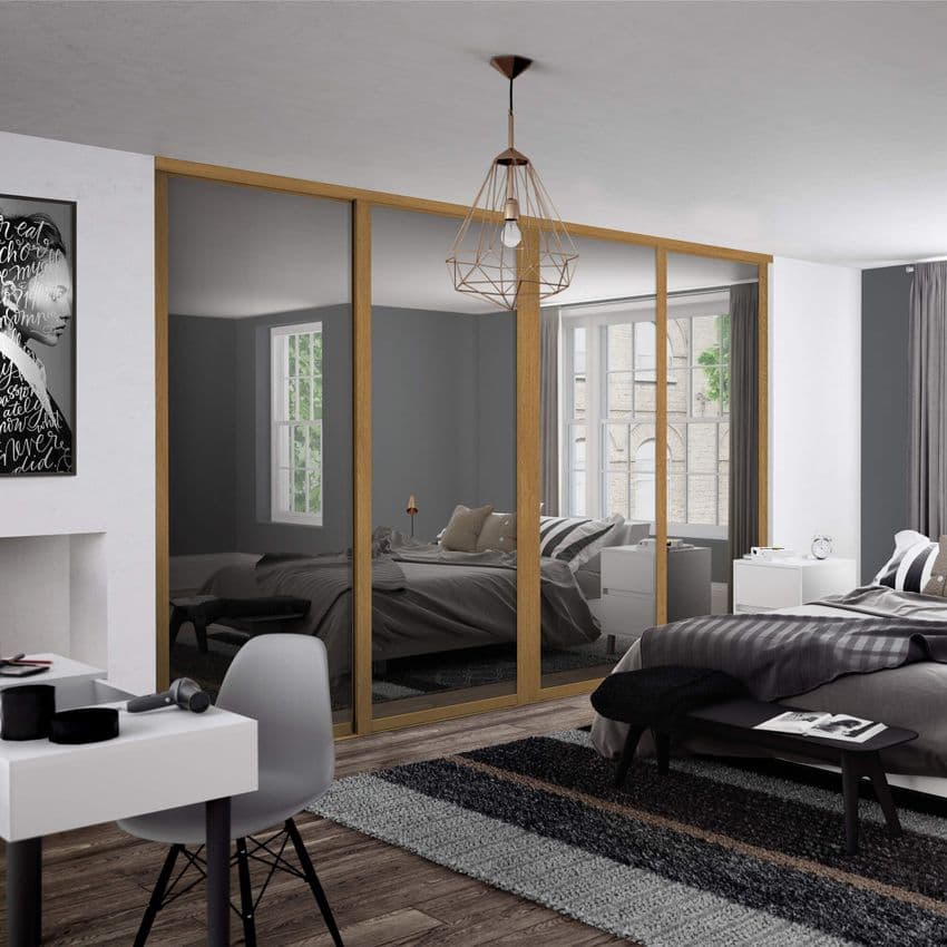 4 x 610mm Spacepro Shaker Oak Framed and Mirror panel Sliding Doors for an opening width of 2290mm