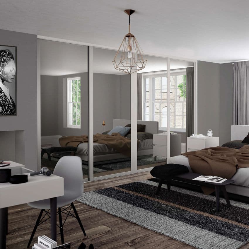 4x 762mm Shaker Cashmere frame and Mirror panel sliding wardrobe KIT for an opening width of 2898mm
