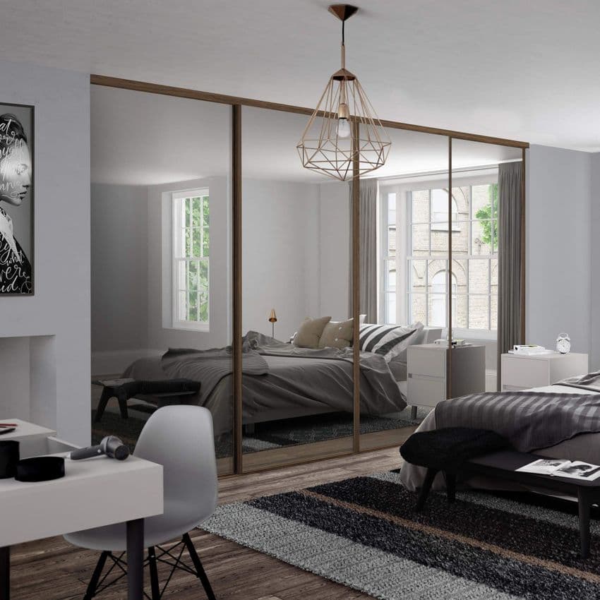 4x Classic 762mm doors and track kit, Carini Walnut frame and mirror, for an opening width 2978mm