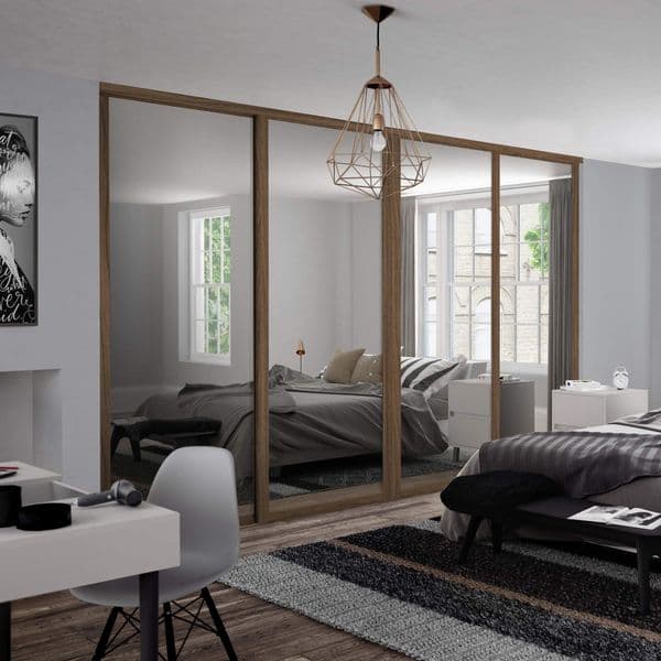 4x Shaker 610mm doors and track kit, Carini Walnut frame and mirror, for an opening width 2290mm