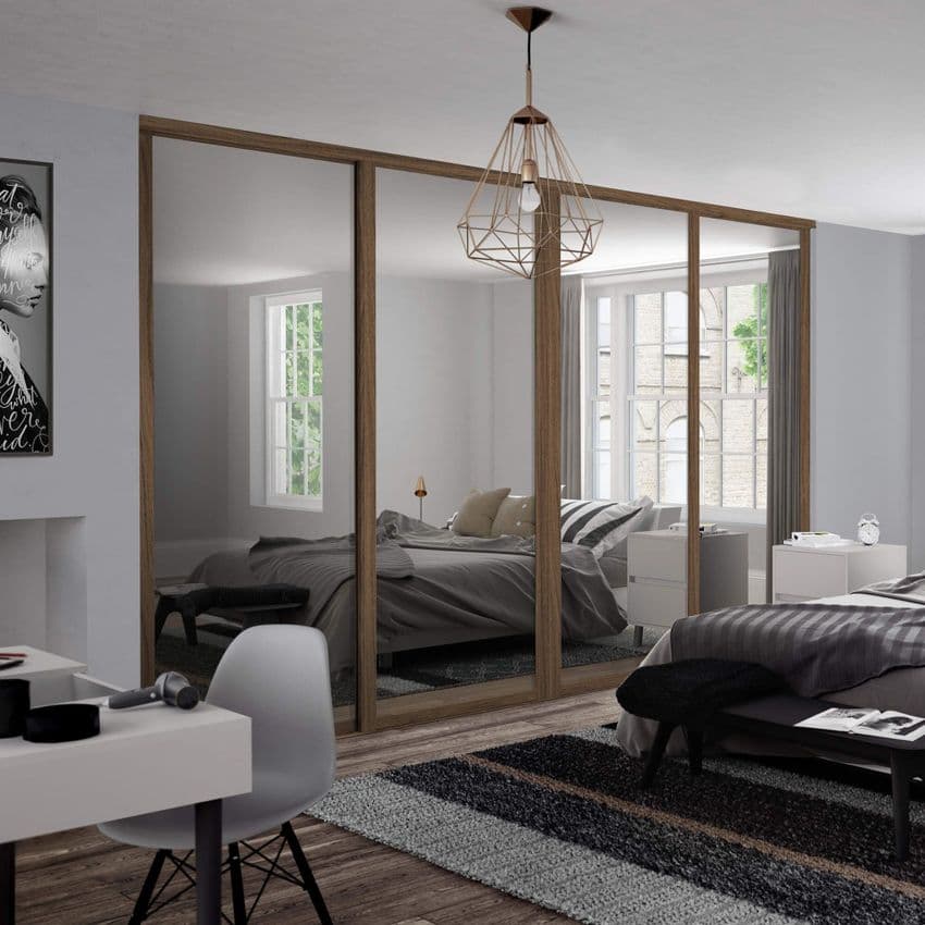 4x Shaker 762mm doors and track kit, Carini Walnut frame and mirror, for an opening width 2898mm