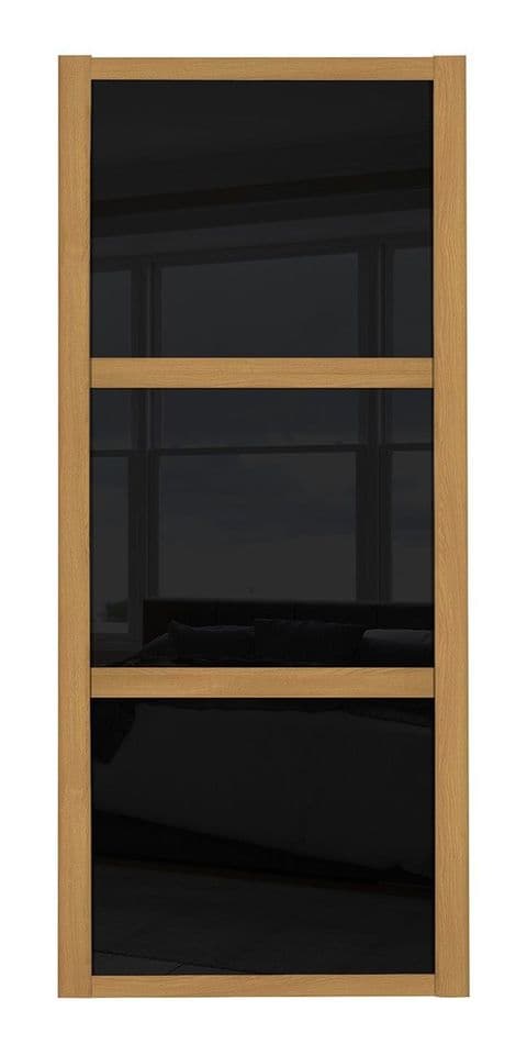 Shaker Sliding Wardrobe Door- OAK FRAME - 3 BLACK GLASS PANELS
