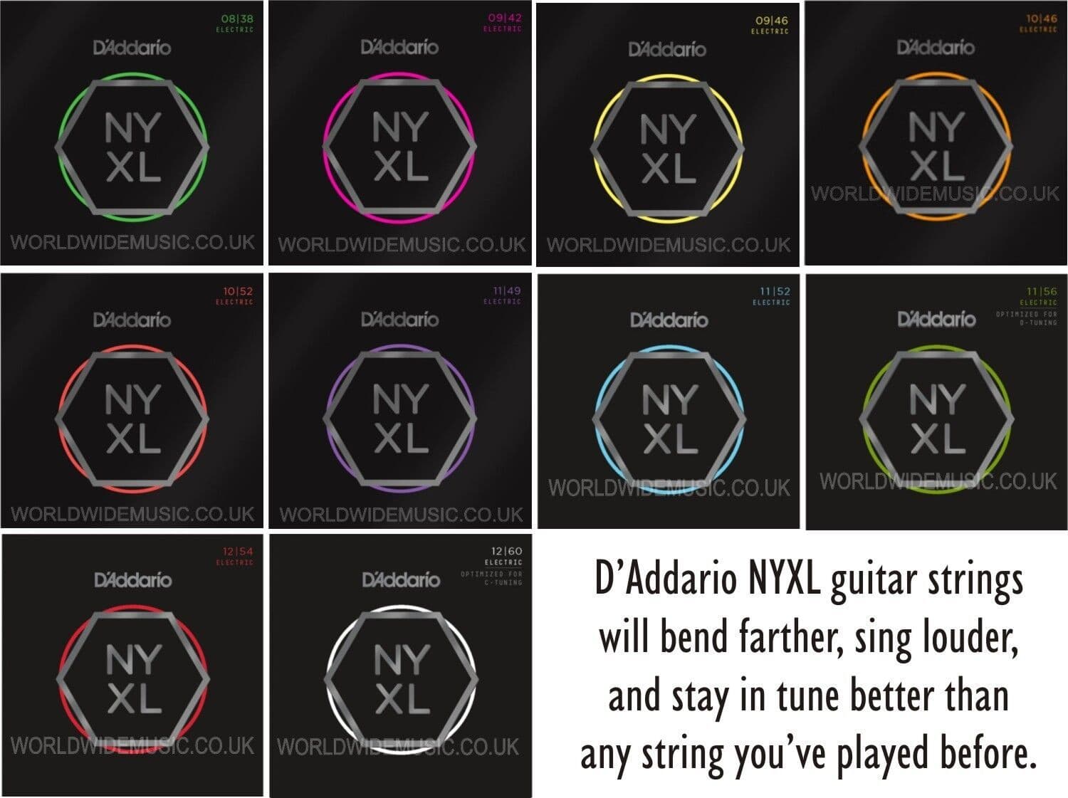 Different Strings 3 Packs of D Addario NYXL Electric Guitar Strings with a choice of 6 gauges