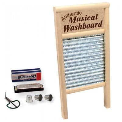Musical Washboard Set with 3 thimbles, Harmonica, Mouth Harp - Skiffle & Country
