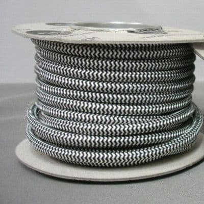 ROUND 2 Core Braided Fabric Vintage Cable Lighting Lamp Flex  - BLACK AND WHITE