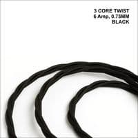 TWIST 3 Core Braided Fabric Cable Lighting Flex  - BLACK - 6 Amp