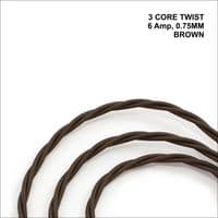 TWIST 3 Core Braided Fabric Cable Lighting Flex  - BROWN - 6 Amp