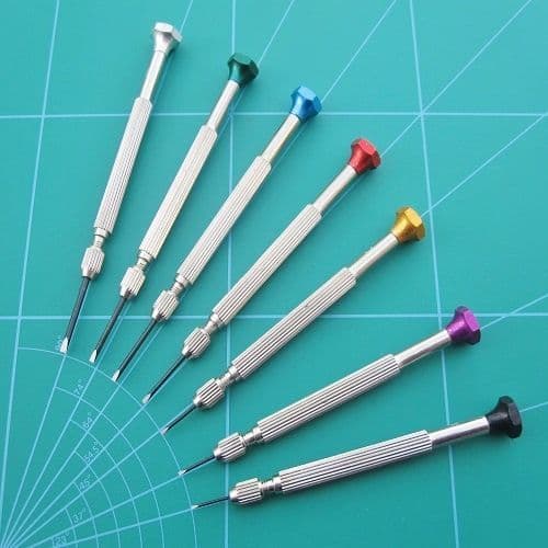 Watch Screwdrivers 7 Piece Set With Double Ended Flat Head Blades Colour Coded Tops